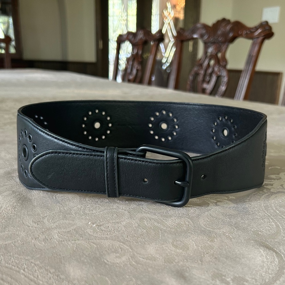 Club Monaco Stud Cut-Out Waist Belt, Black Leather